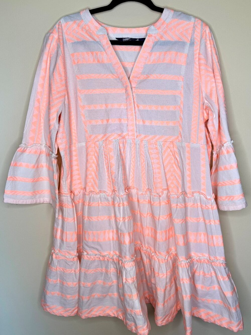Lands’ End Tiered Midi Dress Women Large Coral White Striped Boho Ruffle Sleeve